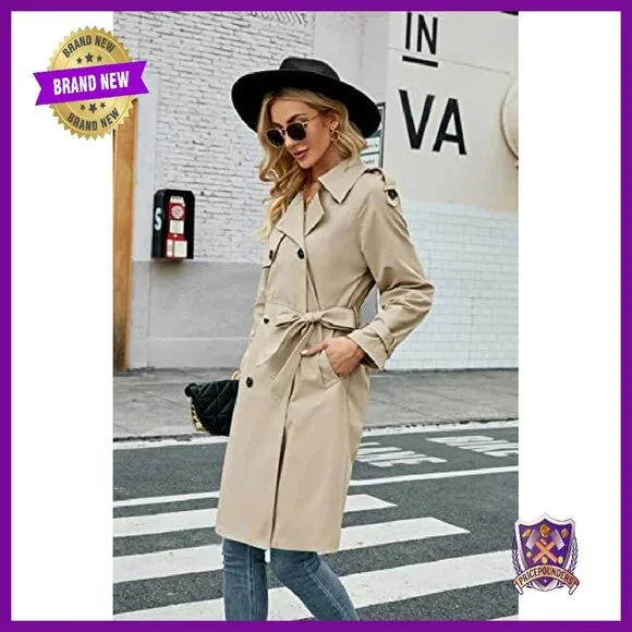 Women's Double Breasted Long Trench Coat Windproof Slim Fit Overcoat